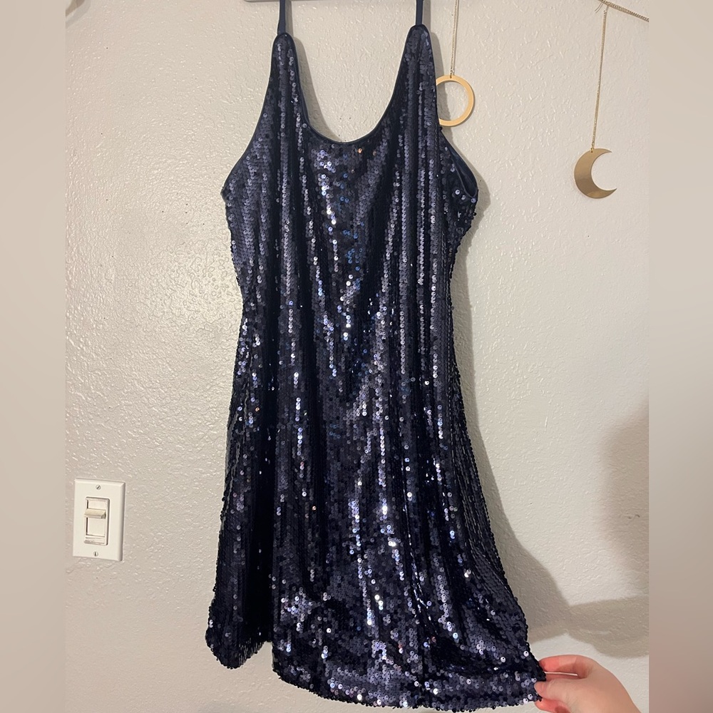 blue sequin mini slip dress
